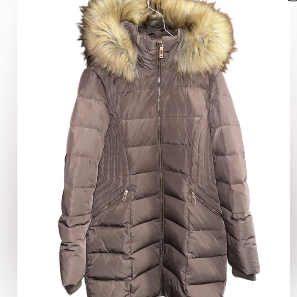Taupe Puffer Coat with Faux Fur Hood